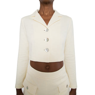fall collared cropped long sleeves blazer with shell buttons 